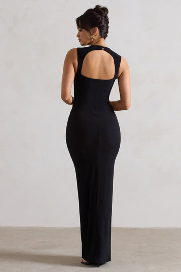 Alexa Black High-Neck Gathered Maxi Dress With Drape
